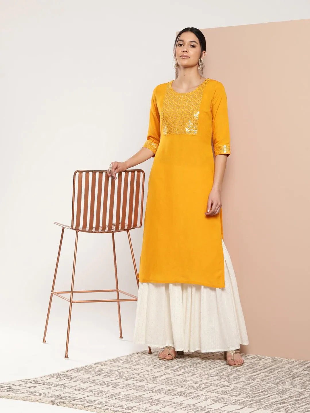 Mustard Yoke Design Rayon Straight Kurta - Jashvi