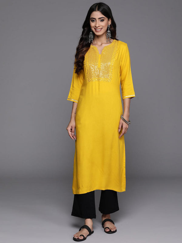 Mustard Yoke Design Rayon Straight Kurta - Jashvi