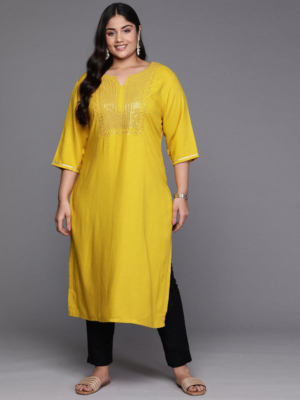 Mustard Yoke Design Rayon Straight Kurta - Jashvi