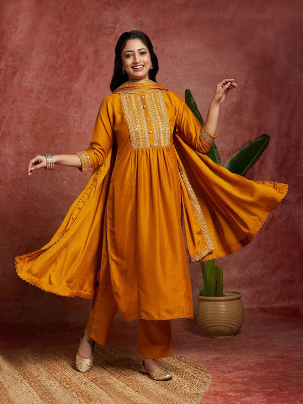 Mustard Yoke Design Silk Blend A-Line Kurta With Trousers & Dupatta - Jashvi