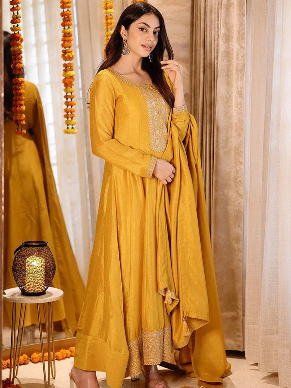 Mustard Yoke Design Silk Blend Anarkali Suit Set - Jashvi