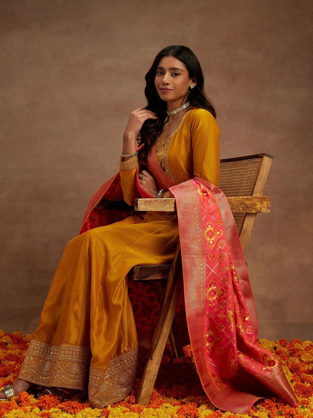 Mustard Yoke Design Silk Blend Anarkali Kurta With Trousers & Dupatta - Jashvi