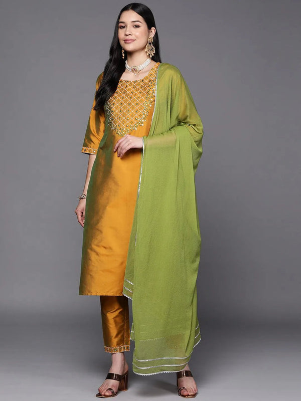 Mustard Yoke Design Silk Blend Suit Set With Trousers - Jashvi