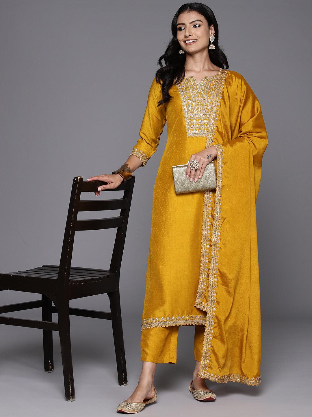 Mustard Yoke Design Silk Blend Straight Kurta With Palazzos & Dupatta - Jashvi