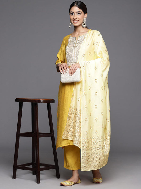 Mustard Yoke Design Silk Blend Straight Kurta With Trousers & Dupatta - Jashvi