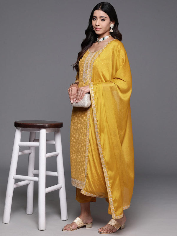 Mustard Yoke Design Silk Blend Straight Kurta With Trousers & Dupatta - Jashvi