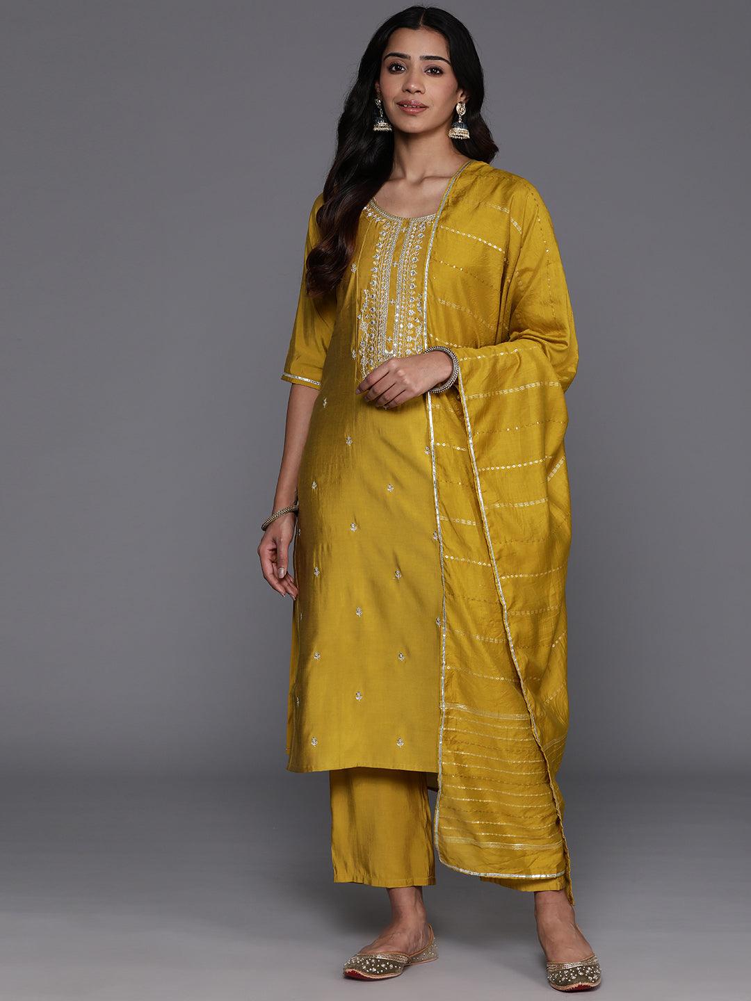 Mustard Yoke Design Silk Blend Straight Kurta With Trousers & Dupatta - Jashvi