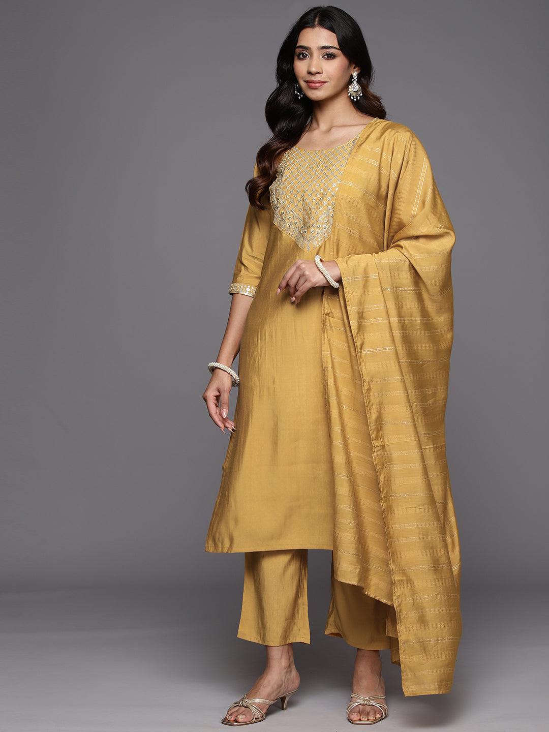 Mustard Yoke Design Silk Blend Straight Kurta With Trousers & Dupatta - Jashvi