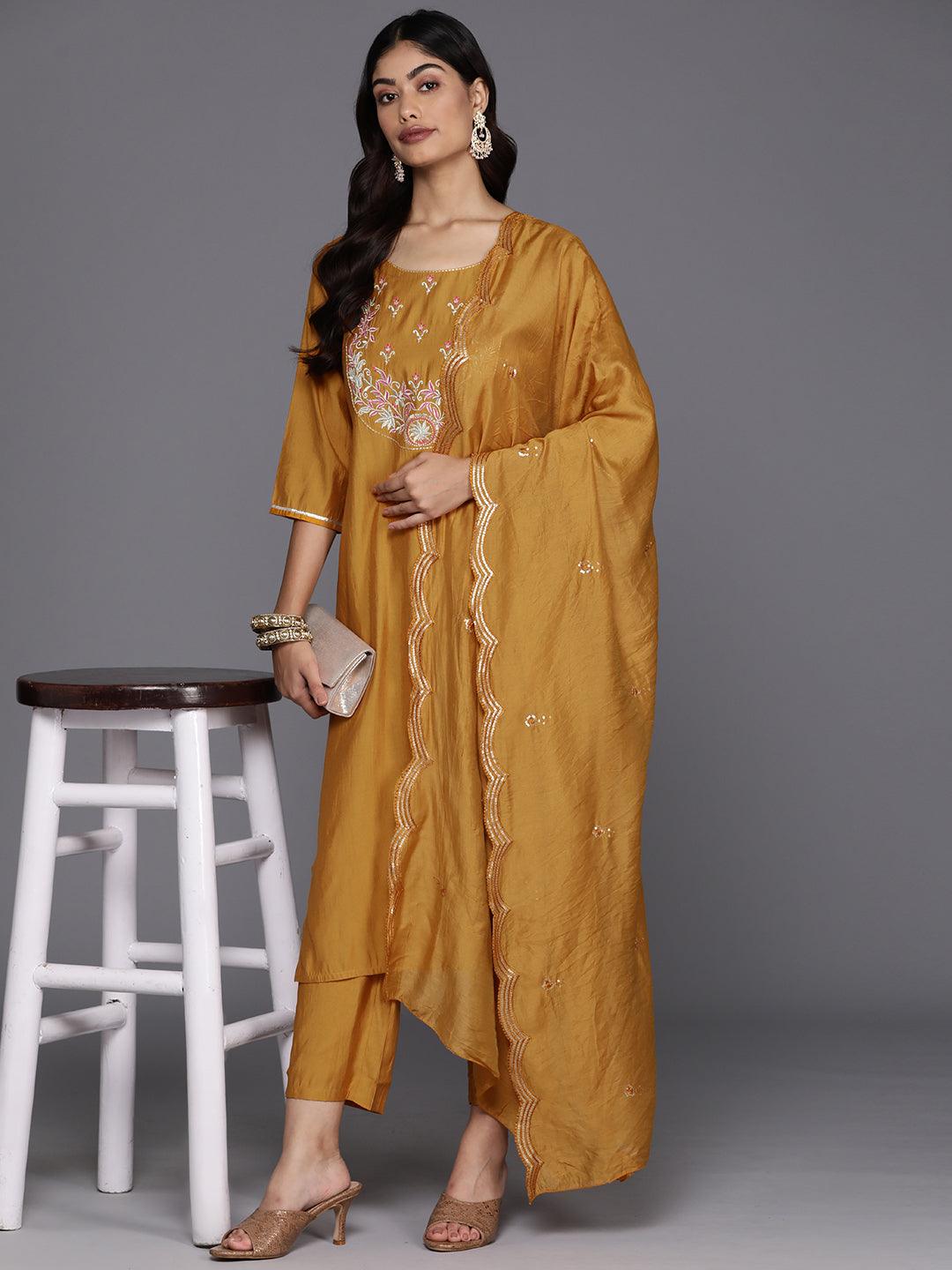 Mustard Yoke Design Silk Blend Straight Kurta With Trousers & Dupatta - Jashvi