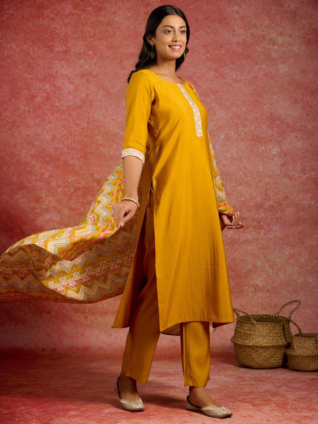 Mustard Yoke Design Silk Blend Straight Kurta With Trousers & Dupatta - Jashvi