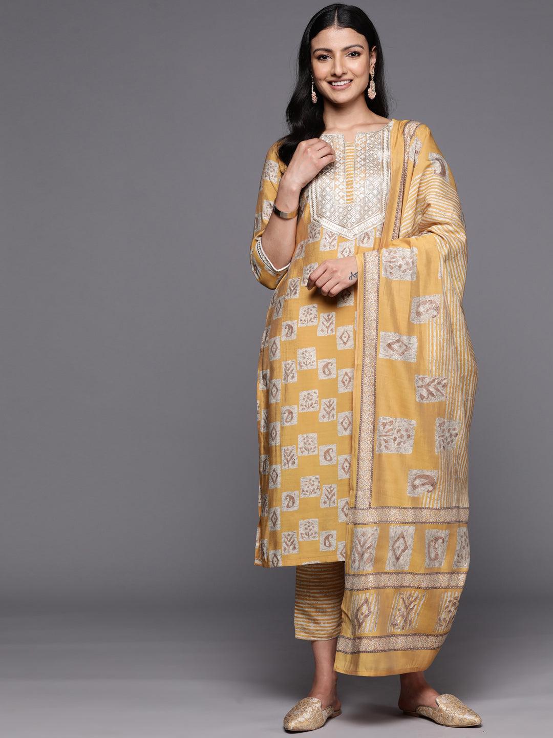 Mustard Yoke Design Silk Blend Straight Suit Set With Trousers - Jashvi