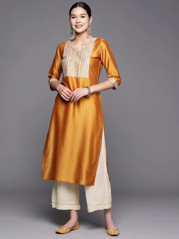 Mustard Yoke Design Silk Straight Kurta - Jashvi