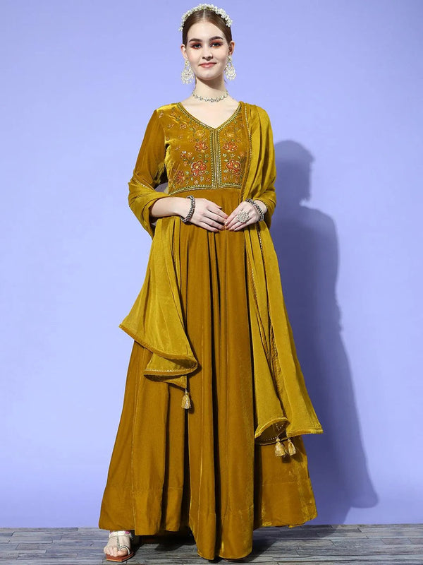 Mustard Yoke Design Velvet Anarkali Suit Set - Jashvi