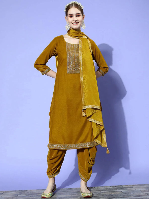 Mustard Yoke Design Velvet Straight Suit Set - Jashvi