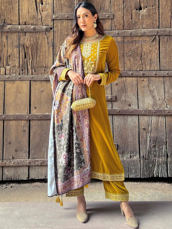 Mustard Yoke Design Velvet Straight Suit Set - Jashvi