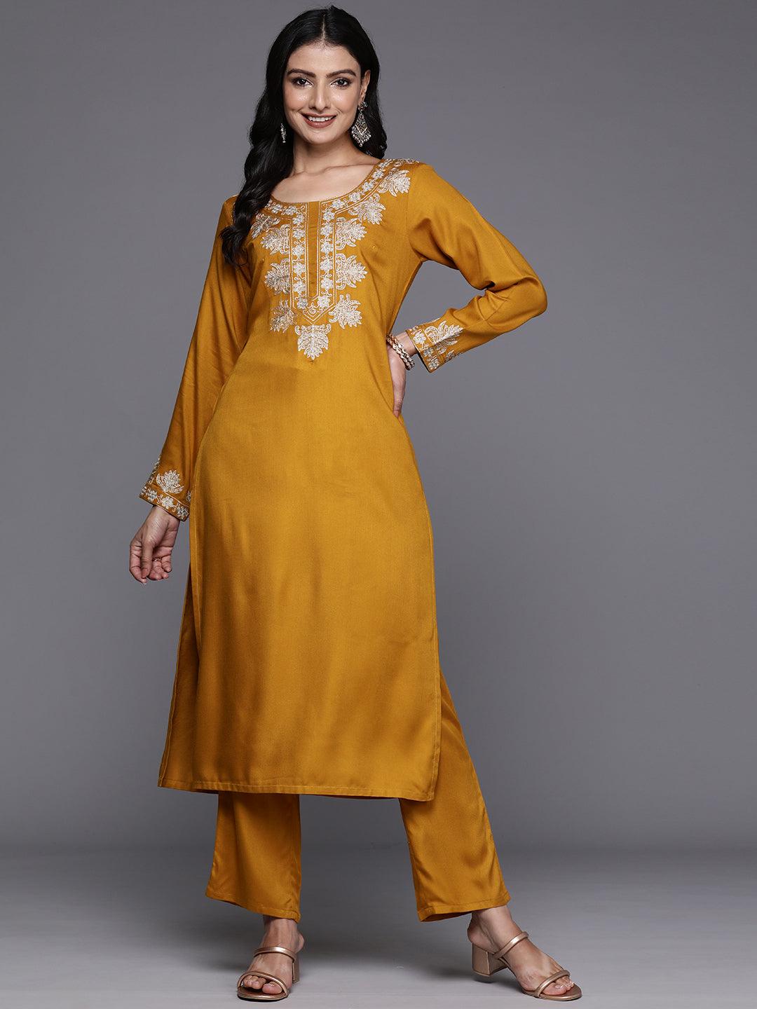 Mustard Yoke Design Wool Blend Straight Kurta With Palazzos - Jashvi