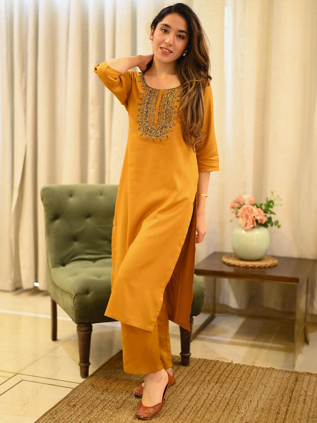 Mustard Yoke Design Wool Blend Straight Kurta With Trousers - Jashvi