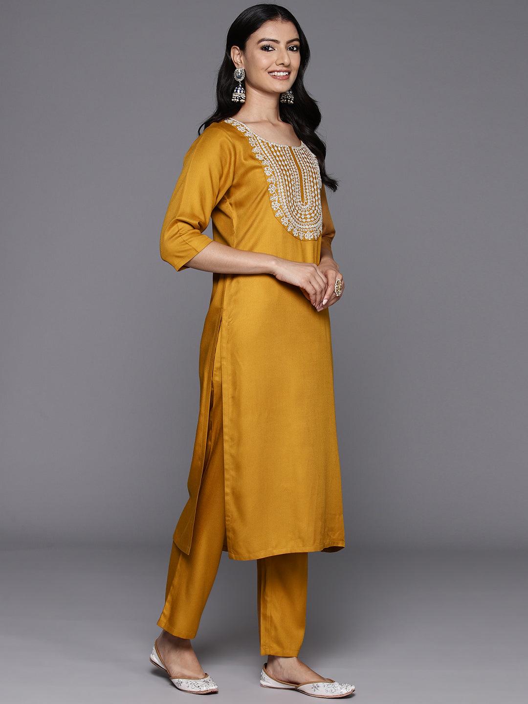 Mustard Yoke Design Wool Blend Straight Kurta With Trousers - Jashvi