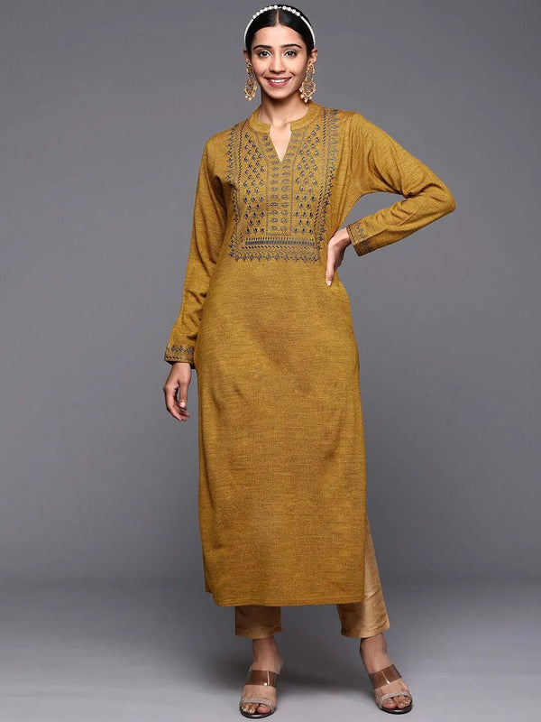 Mustard Yoke Design Wool Straight Kurta - Jashvi