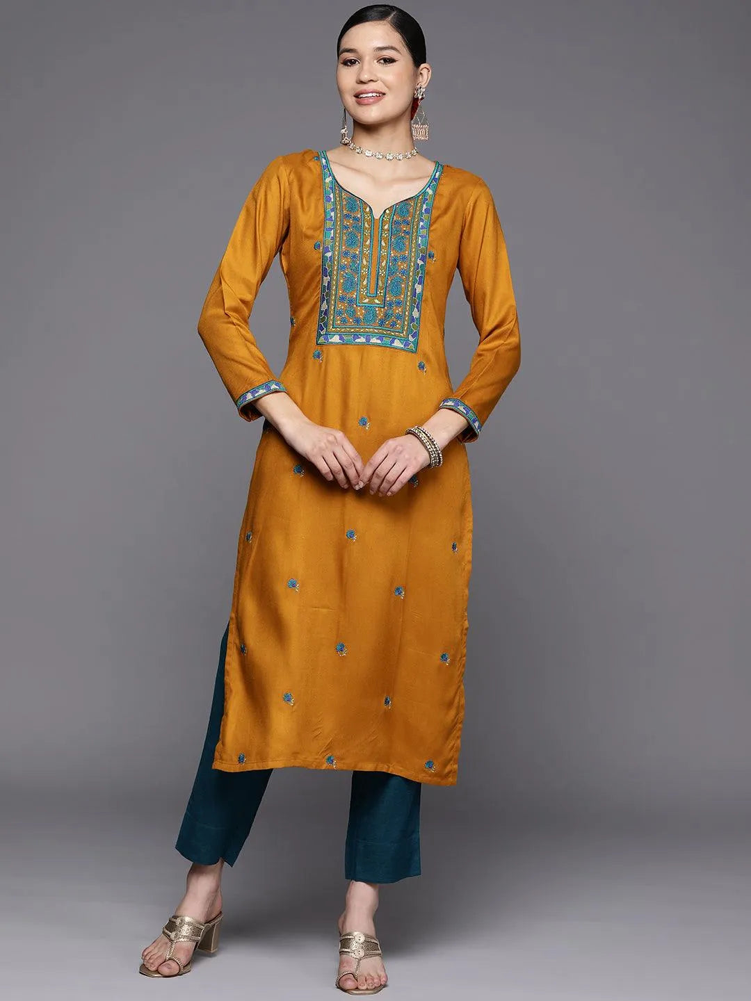 Mustard Yoke Design Wool Straight Kurta - Jashvi