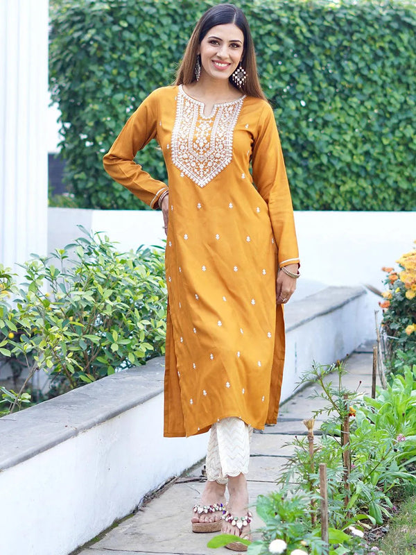 Mustard Yoke Design Wool Straight Kurta