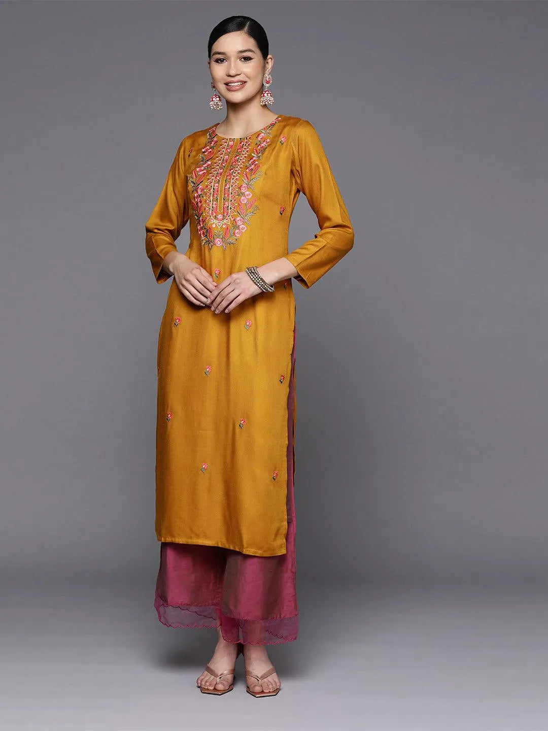 Mustard Yoke Design Wool Straight Kurta - Jashvi