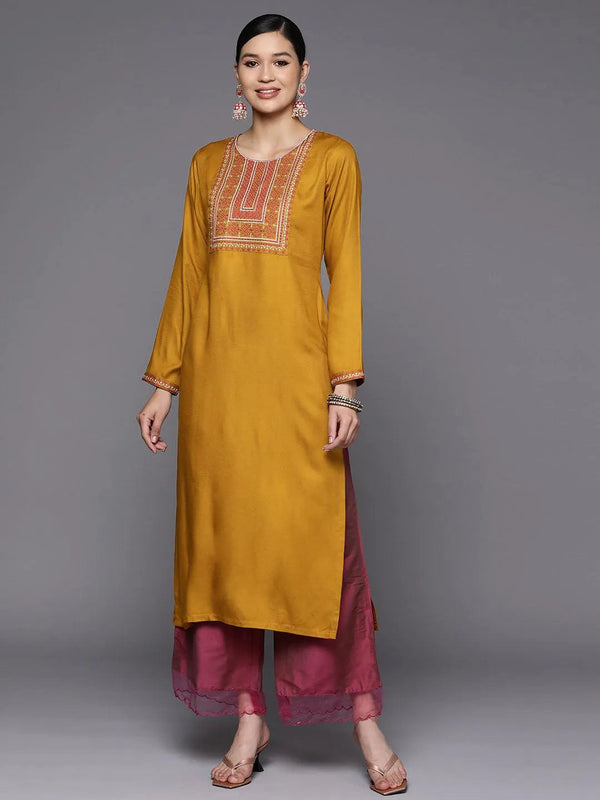 Mustard Yoke Design Wool Straight Kurta - Jashvi