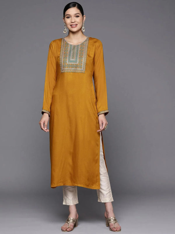 Mustard Yoke Design Wool Straight Kurta - Jashvi