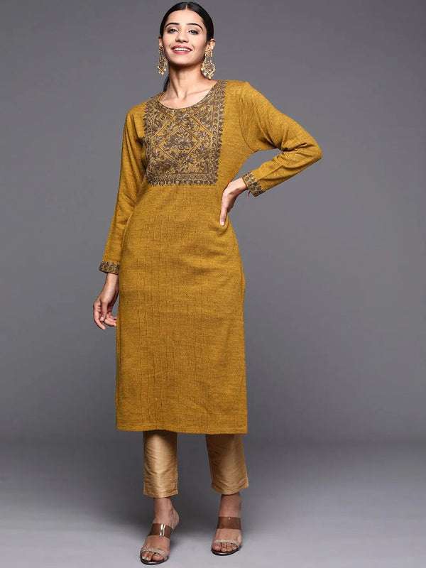 Mustard Yoke Design Wool Straight Kurta - Jashvi