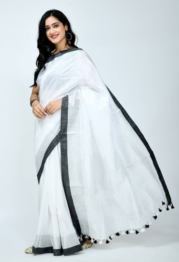 Women's Bhagalpuri Handloom Cotton White Color Saree Mfsaree_030 - Moeza