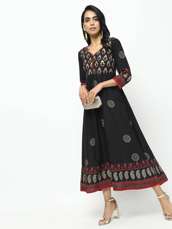 Women's Black Front Contrast Butning And Beautiful Block Print Design Anarkali Kurta Only - Cheera