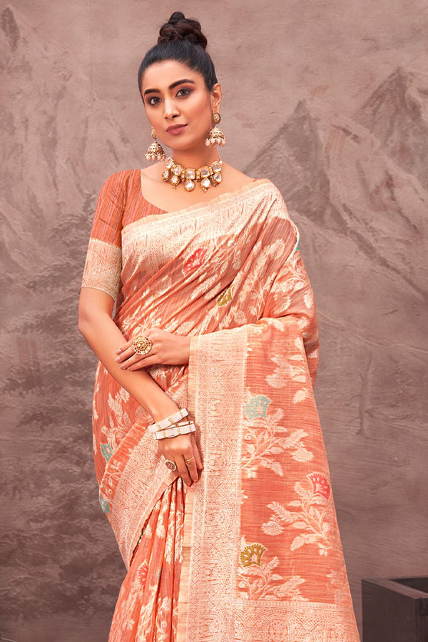 Women's Peach Cotton Silk Woven Zari Work Traditional Saree - Sangam Prints