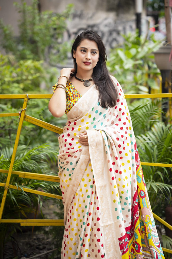 Women's White Silk Printed Saree - A2M