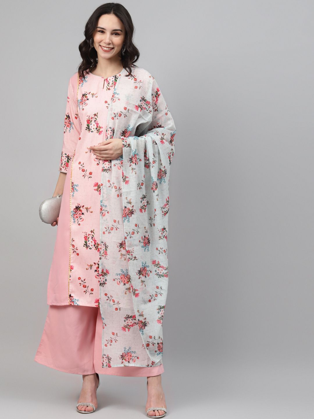 Women's Pink Color Screen Print Straight Kurta,Palazzo And Dupatta Set - Ziyaa