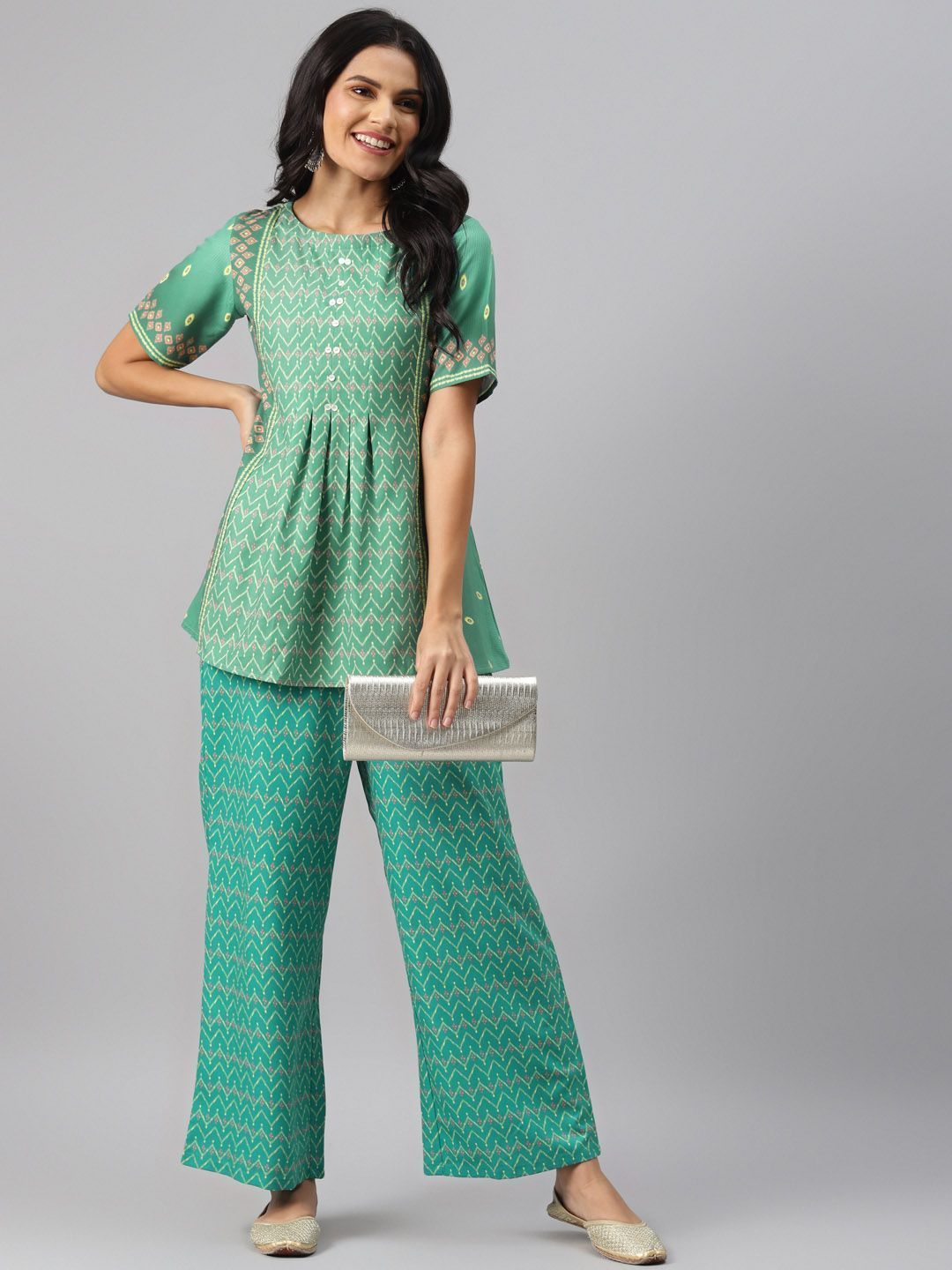 Women's Green Color Screen Print Flared Kurta And Palazzo Set - Ziyaa