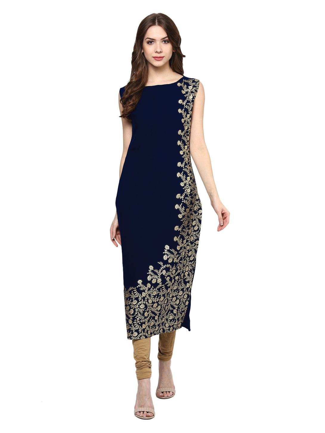 Women's Blue Colour Foil Print Straight Crepe Kurta - Ziyaa