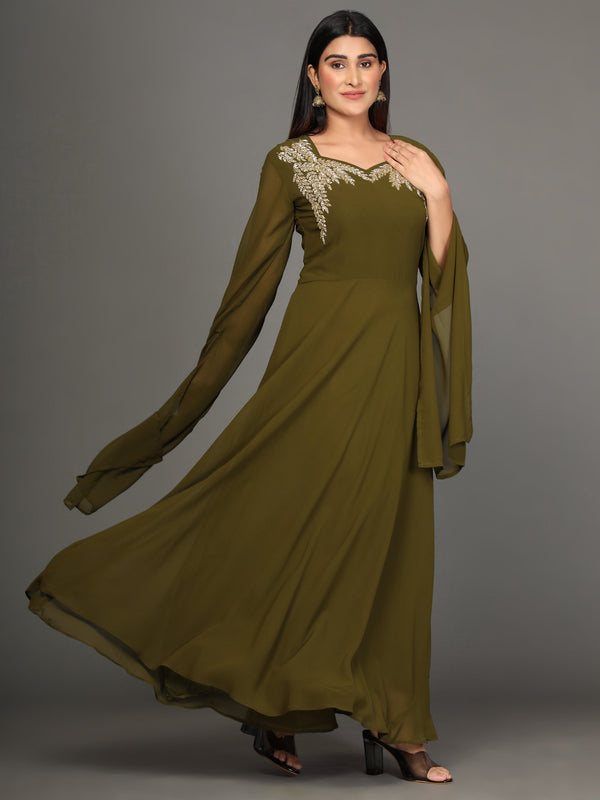 Women's Green Flared Georgette Gown - Noz2Toz