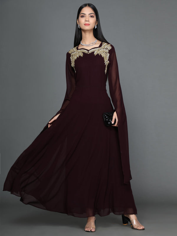 Women's Brown Flared Georgette Gown - Noz2Toz