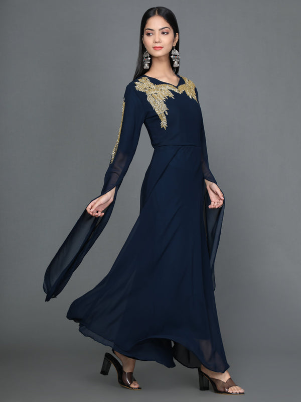 Women's Blue Flared Georgette Gown - Noz2Toz