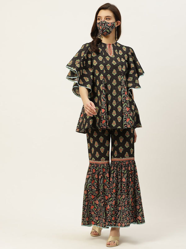 Women's Floral Print Tunic Sharara Set With Mask - Juniper