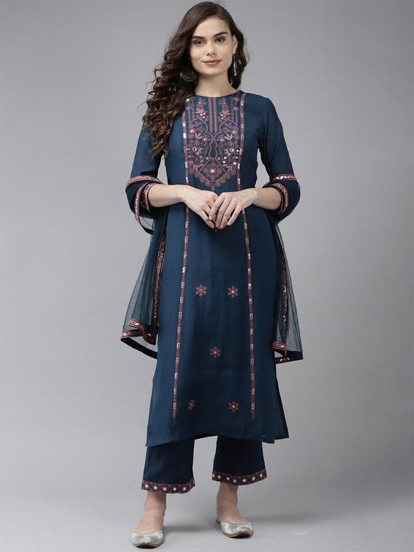 Women's Navy Blue A-Line Kurta Trouser With Dupatta Set - Odette