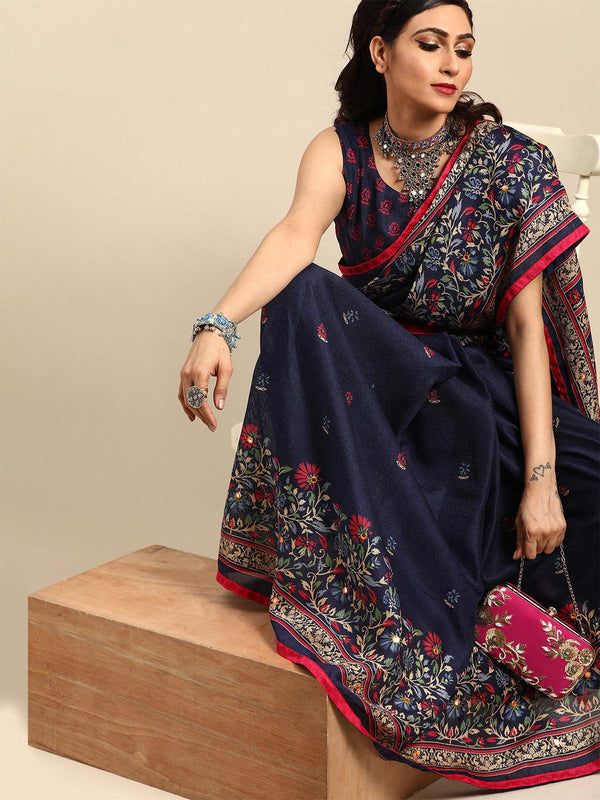 Women's Navy Blue Casual Jute Silk Printed Saree With Unstitched Blouse - Odette