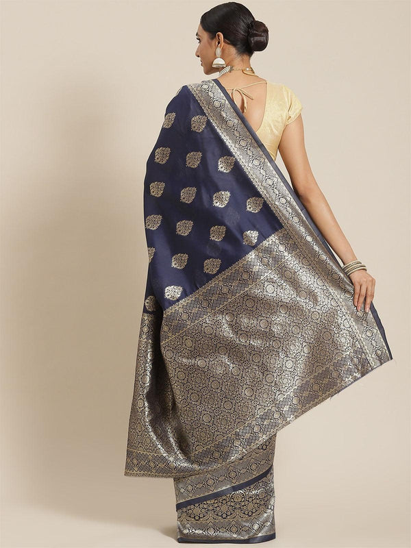 Women's Navy Blue Elegant Silk Blend Woven Saree - Odette