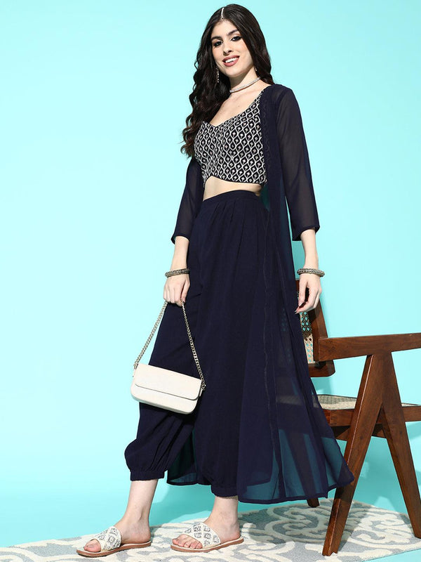 Navy Blue Embellished Georgette Top With Salwar & Shrug - Jashvi