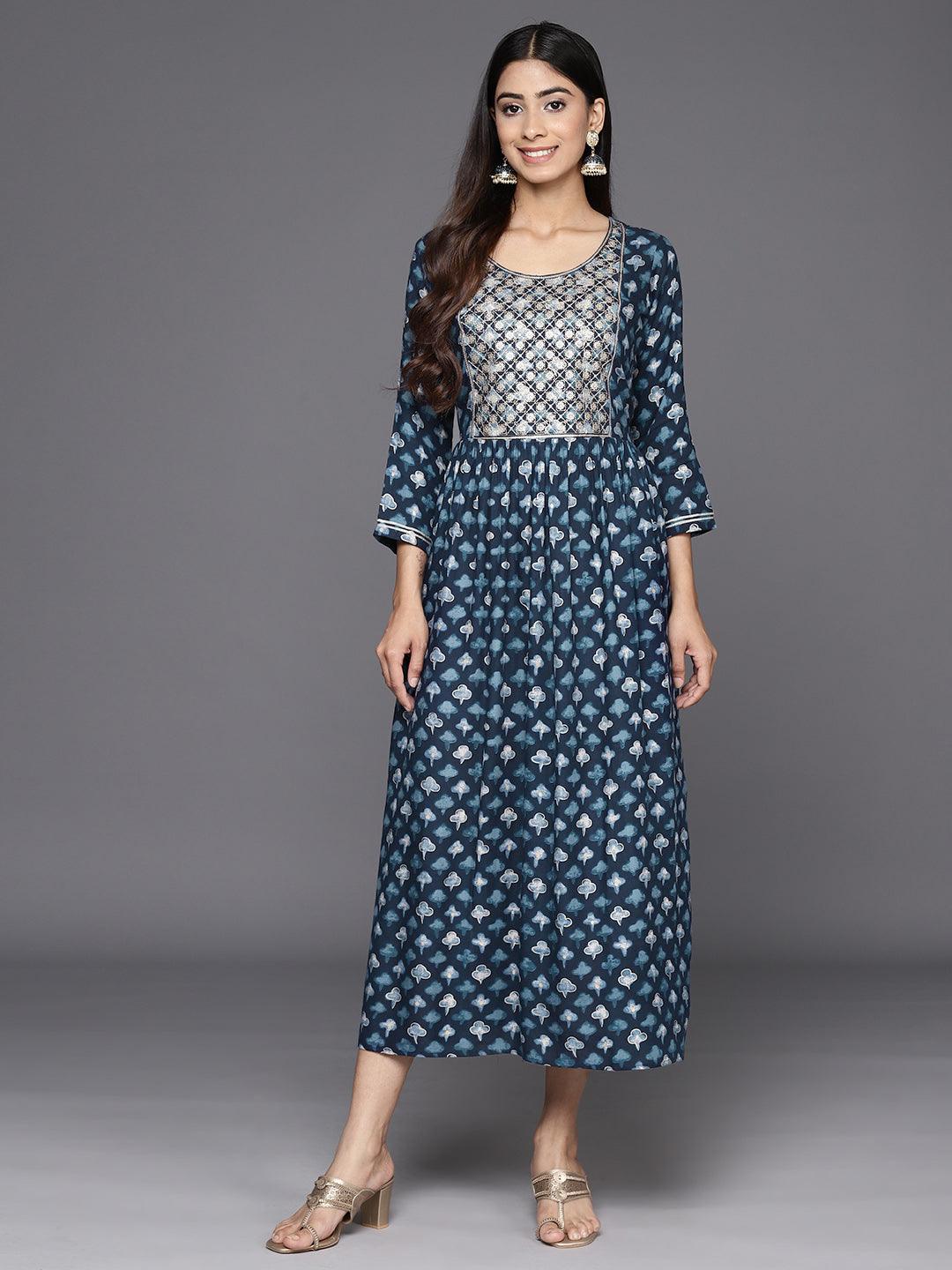 Navy Blue Embellished Rayon Fit and Flare Dress - Jashvi