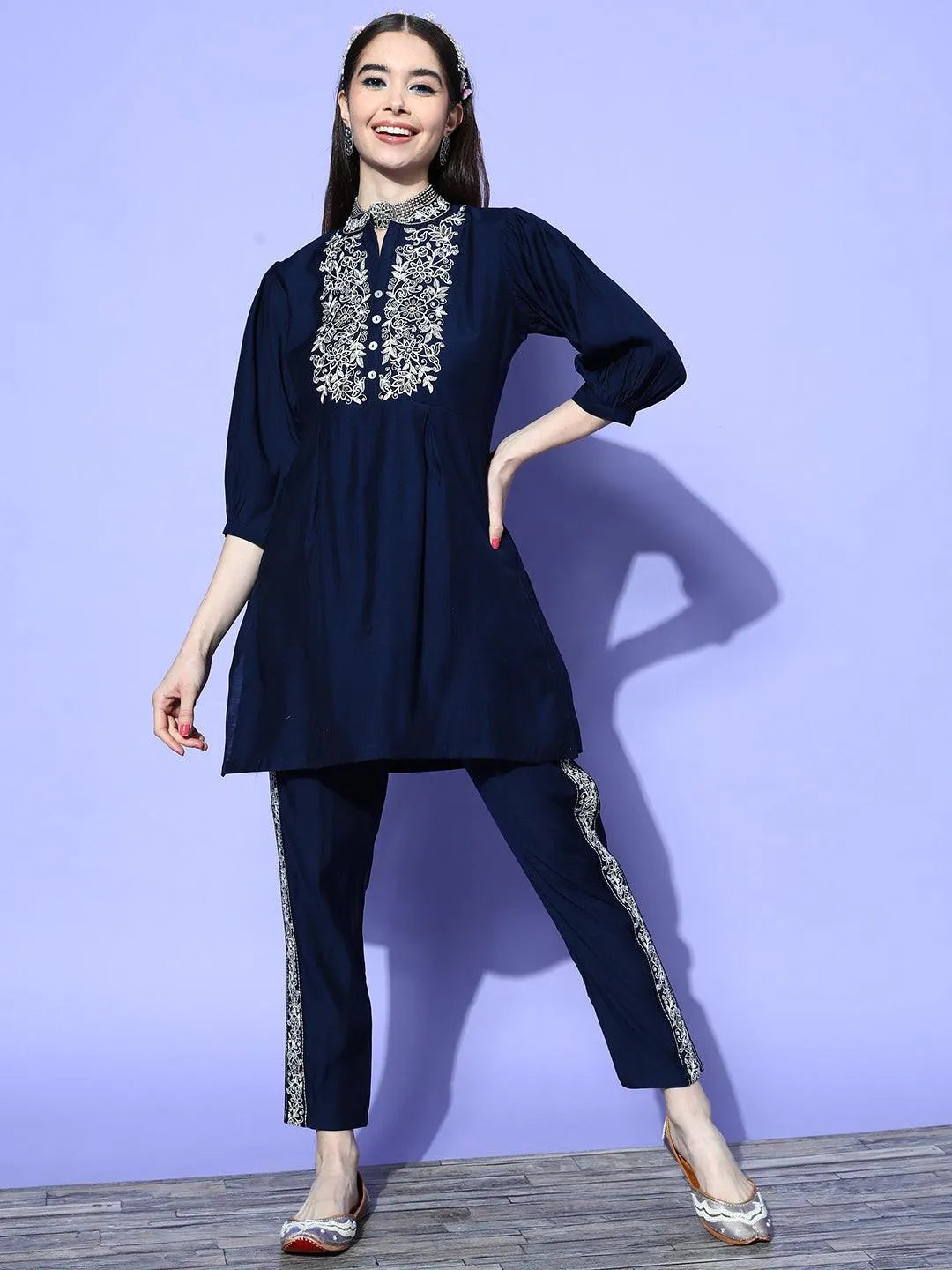 Navy Blue Embellished Silk Blend Tunic With Trousers - Jashvi