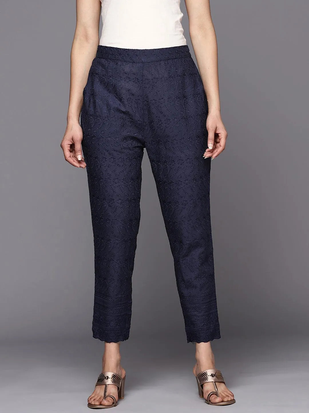 Navy Blue Embroidered Cotton Trousers - Jashvi