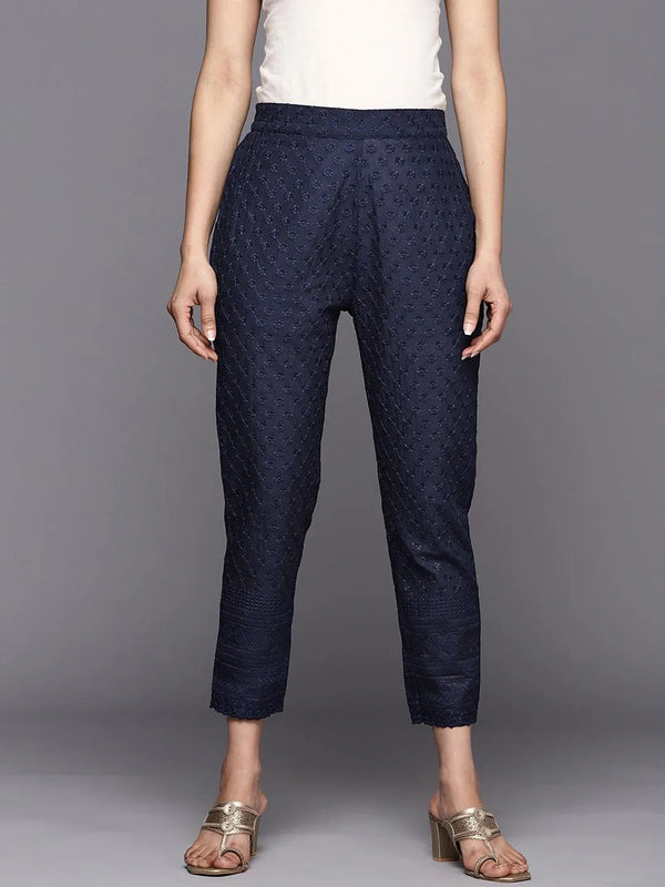 Navy Blue Embroidered Cotton Trousers - Jashvi