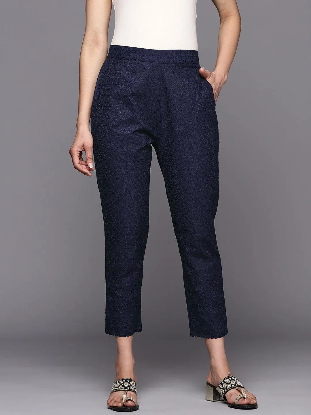 Navy Blue Embroidered Cotton Trousers - Jashvi