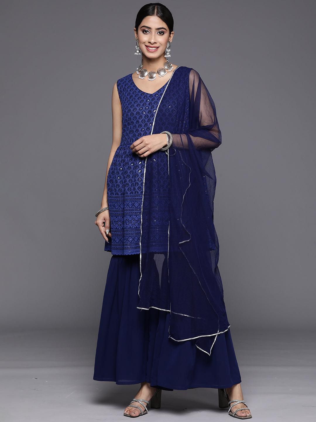 Navy Blue Embroidered Georgette A-Line Suit Set With Sharara - Jashvi